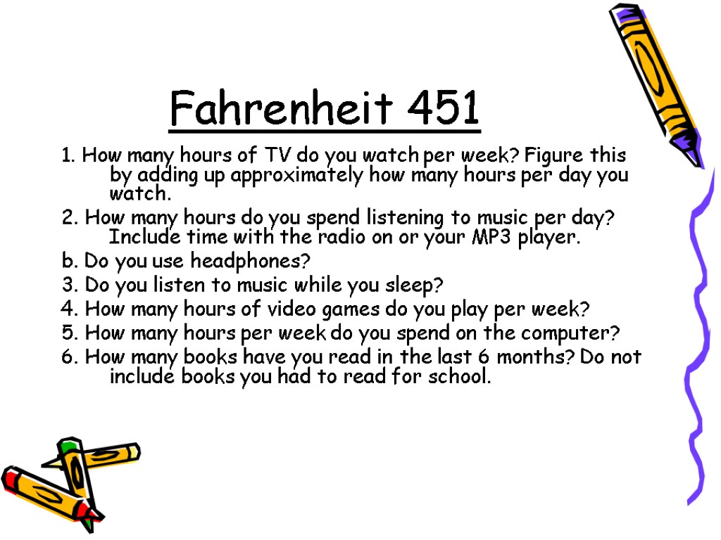 Fahrenheit 451 1. How many hours of TV do you watch per week? Figure